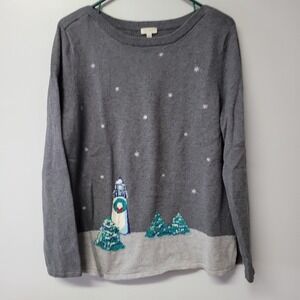 Talbots Womens Gray Winter Lighthouse Snowflake Knit Sweater Large 07/16